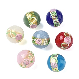 Бусины ручной работы золотой фольги стекла, с эмалью, круглый с цветком розы