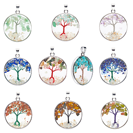 PandaHall Elite 10Pcs 10 Style Mixed Gemstone Pendants, with  Platinum Eco-Friendly Alloy Findings and Glass & Brass & Shell inside, Cadmium Free & Lead Free, Flat Round with Tree of Life