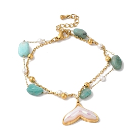 Summer Beach Nuggets Natural Amazonite & Imitation Pearl Multi-Strand Anklets, Whale Tail Ion Plating(IP) 304 Stainless Steel Resin Charm Anklets for Women