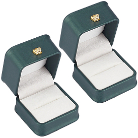 2Pcs PU Leather Jewelry Boxes, with Resin Crown, for Ring Packaging, Square