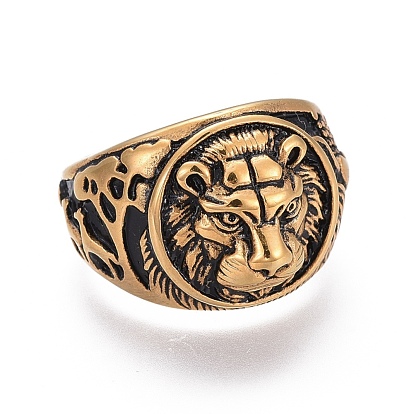 304 Stainless Steel Signet Rings for Men, Wide Band Finger Rings, Flat Round with Lion