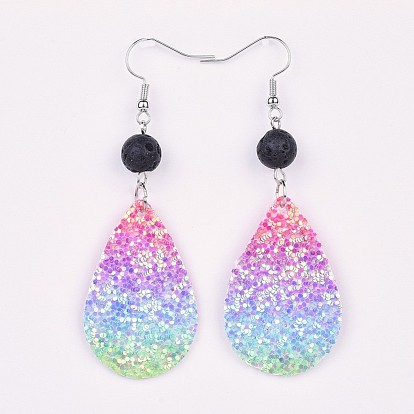 PU Leather Sequins Dangle Earring, with Natural Lava Rock Beads and Brass Earring Hooks, Platinum