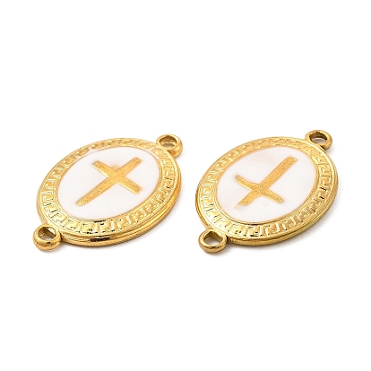 201 Stainless Steel Enamel Connector Charms, Real 24K Gold Plated, Oval Links with Religion Cross