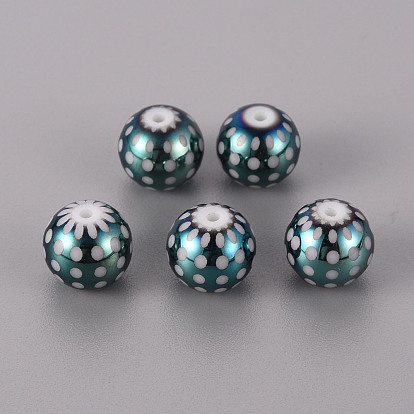 Electroplate Glass Beads, Round with Dots Pattern
