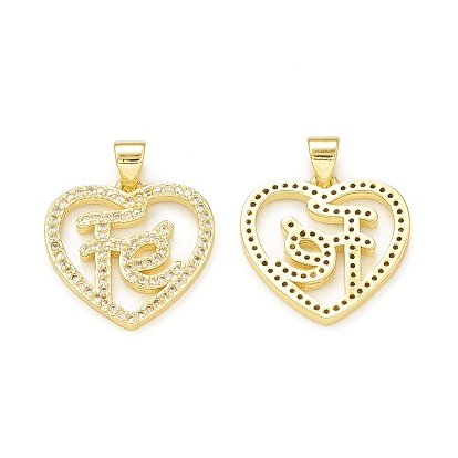 Rack Plating Brass Micro Pave Cubic Zirconia Pendants, Cadmium Free & Lead Free, Long-Lasting Plated, Real 18K Gold Plated, Heart with Word Fe Charm