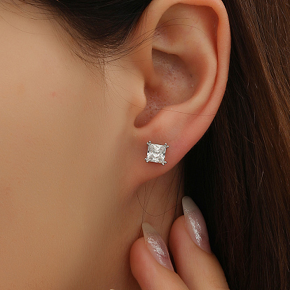 Elegant Square Sterling Silver Cubic Zirconia Stud Earrings