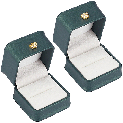 2Pcs PU Leather Jewelry Boxes, with Resin Crown, for Ring Packaging, Square
