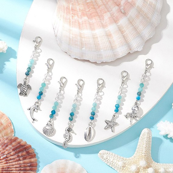 7шт. 7 стили подвесные украшения из натурального кварцевого кристалла, апатита и амазонита, с подвеской из сплава и застежкой-клешней, разнообразные