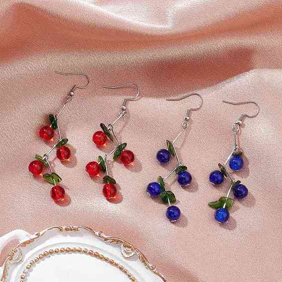 Вишневые стеклянные бусины с эффектом потрескивания и натуральные диопсидовые бусины, подвесные серьги, с железными штифтами с плоской головкой и 304 крючками для сережек из нержавеющей стали, платина
