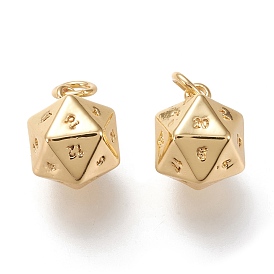 Brass Charms, Cadmium Free & Lead Free, with Jump Rings, Cadmium Free & Lead Free, Long-Lasting Plated, 20 Sided Dice Charm