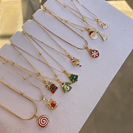 Рождественские ожерелья с подвесками из цинкового сплава и эмали, золотые