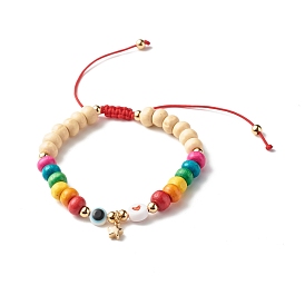 Bracelet de perles tressées coeur étoile mauvais œil pour enfant, bracelet ajustable en perles de bois naturel teint