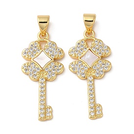 Brass Micro Pave Cubic Zirconia Pendants, with Shell, Key
