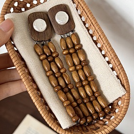 Wood & Imitation Pearl Stud Earrings, Rectangle with Round, Tassel Earrings