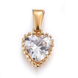 Cubic Zirconia Charms, with 304 Stainless Steel Findings, Heart, Clear