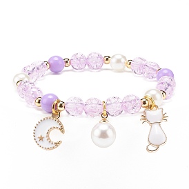 Acrylic Imitation Pearl Stretch Bracelet, Alloy Enamel Cat Moon Charms Bracelet for Women