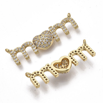 Brass Micro Pave Cubic Zirconia Links Connectors, for Mother's Day, Real 18K Gold Plated, Word Mom with Heart