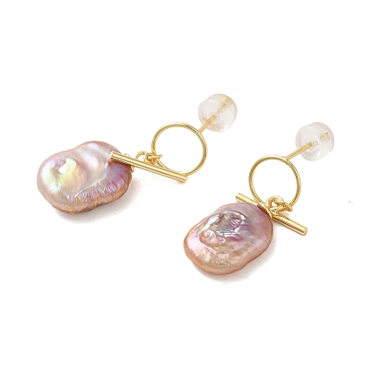 Sterling Silver Studs Earrings, with Natural Pearl, Jewely for Women, Rectangle