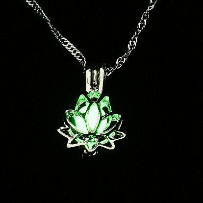 Collares con colgante de medallón de aleación luminosa, brillan en la oscuridad, loto