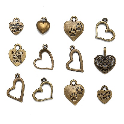 Ideas for Valentine Day Gifts Tibetan Style Alloy Pendants, Heart, Mixed Style, 12~52x10~49x1.5~16mm, Hole: 1~5.5mm