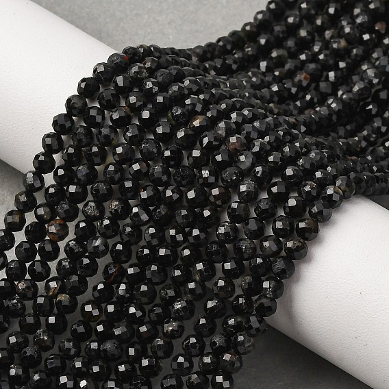 Natural Black Tourmaline Beads Strands, Faceted, Round