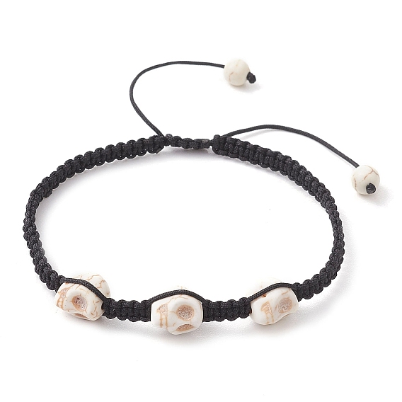 Bracelets de perles tressées en forme de crâne d'halloween, turquoise teint, réglables