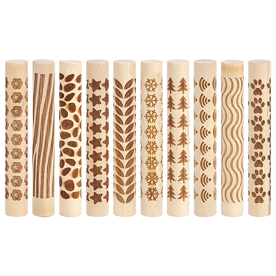 10Pcs 10 Styles Wooden Handle Clay Texture Roller, Pottery Tools