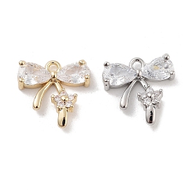 Brass Pave Clear Cubic Zirconia Charms, Bowknot with Flower