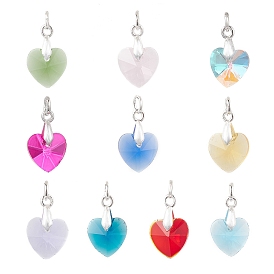 10 шт 10 цвета стеклянные подвески, сердце, латуни и 304 результатов из нержавеющей стали, граненые