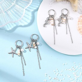 2Пары 2стили: подвески из натуральных пресноводных ракушек и 304 подвески из нержавеющей стали для женщин, морская звезда/морской конёк, с 202 серьгами-кольцами из нержавеющей стали