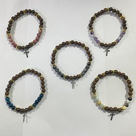 Natural & Synthetic Gemstone and Wood Beads Stretch Bracelets, with 304 Stainless Steel Cross Pendants