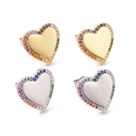 Colorful Cubic Zirconia Heart Stud Earrings, Rack Plating Brass Jewelry for Women, Cadmium Free & Lead Free