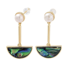 Pearl & Paua Shell Dangle Stud Earrings, with Brass Findings and 925 Sterling Silver Pins, Half Round