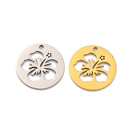 201 Stainless Steel Charms, Laser Cut, Flat Round with Flower Charm