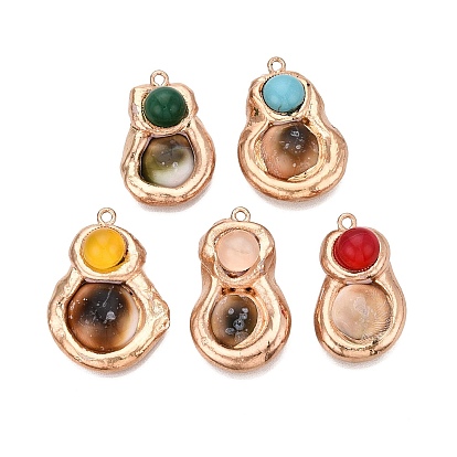 Pendentifs en coquillage naturel et agate teintée, breloques en laiton serties de gourdes, or