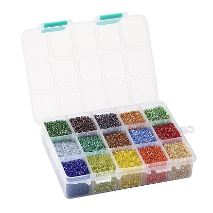 375G 15 Colors 12/0 Grade A Round Glass Seed Beads, Silver Lined