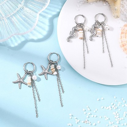 2Пары 2стили: подвески из натуральных пресноводных ракушек и 304 подвески из нержавеющей стали для женщин, морская звезда/морской конёк, с 202 серьгами-кольцами из нержавеющей стали