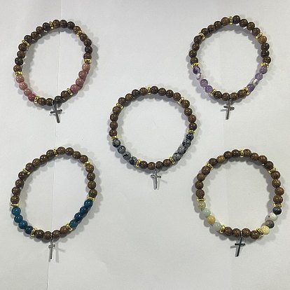 Natural & Synthetic Gemstone and Wood Beads Stretch Bracelets, with 304 Stainless Steel Cross Pendants
