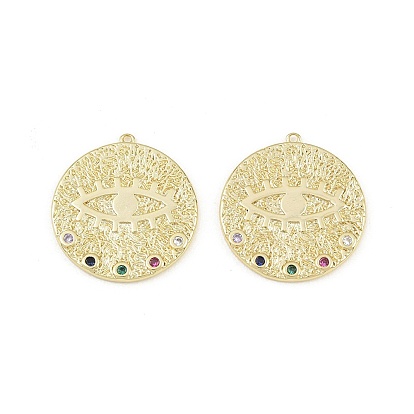 Brass Micro Pave Colorful Cubic Zirconia Pendants, Round with Evil Eye Charms, Rack Plating, Long-Lasting Plated, Cadmium Free & Lead Free