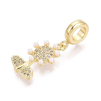 Brass Micro Pave Clear Cubic Zirconia European Dangle Charms, Large Hole Pendants, Sunflower, with Imitation Pearl