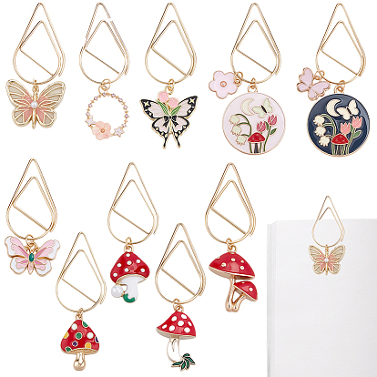 10 шт 10 стили каплевидной формы закладки из углеродистой стали, с подвесками в виде бабочек/грибов/цветов из эмали, золотые