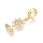 Brass Micro Pave Clear Cubic Zirconia European Dangle Charms, Large Hole Pendants, Sunflower, with Imitation Pearl