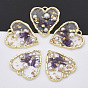 Light Gold Plated Alloy Pendants, with Epoxy Resin, ABS Plastic Imitation Pearl Cabochons, Gold Foil and Dried Flower, Heart