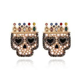 Exaggerated Vintage Skull Earrings with Colorful Rhinestones and Pearl Decoration for Women