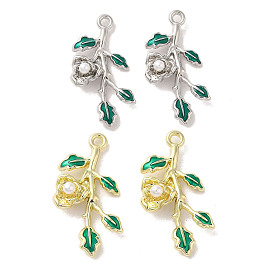 Rack Plating Alloy Enamel Pendants, with ABS Imitation Pearl, Cadmium Free & Nickel Free & Lead Free, Leafy Branch Charms