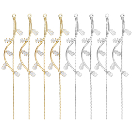 8Pcs 2 Colors Brass Long Tassel Pendants, with Crystal Rhinestone, Leaf Charms