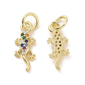 Brass Micro Pave Colorful Cubic Zirconia Charms, with Jump Ring, Gecko