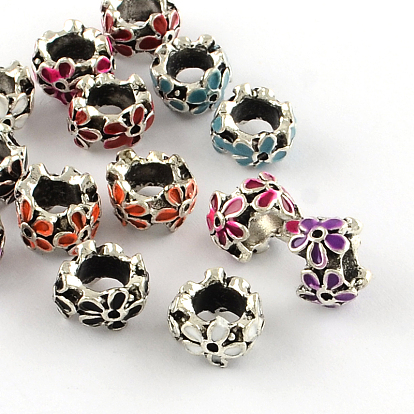 Antique Silver Plated Alloy Enamel Style Flower Large Hole European Beads, 12x6.5mm, Hole: 5mm