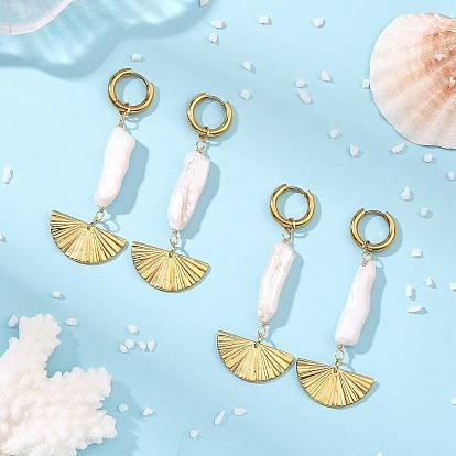 Fan Natural Baroque Pearl & 304 Stainless Steel & 202 Stainless Steel Dangle Earrings, with 316 Surgical Stainless Steel Pin
