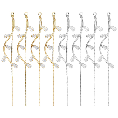 8Pcs 2 Colors Brass Long Tassel Pendants, with Crystal Rhinestone, Leaf Charms